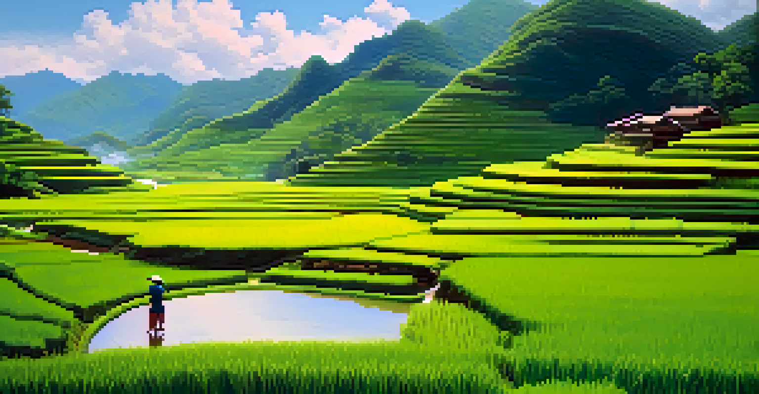 A picturesque rice field in Vietnam, featuring green terraces and a farmer working the land under a blue sky.