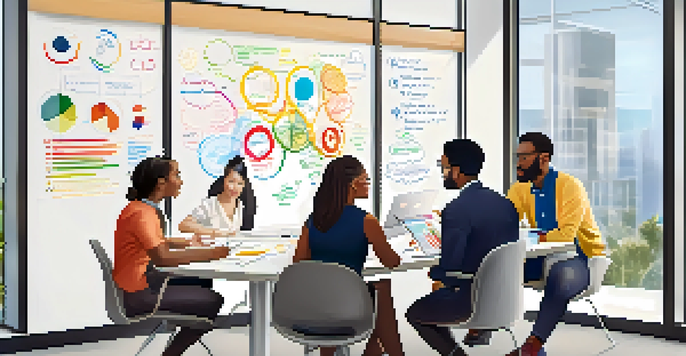 A diverse team of professionals collaborating in a bright office, sharing ideas around a whiteboard filled with notes.