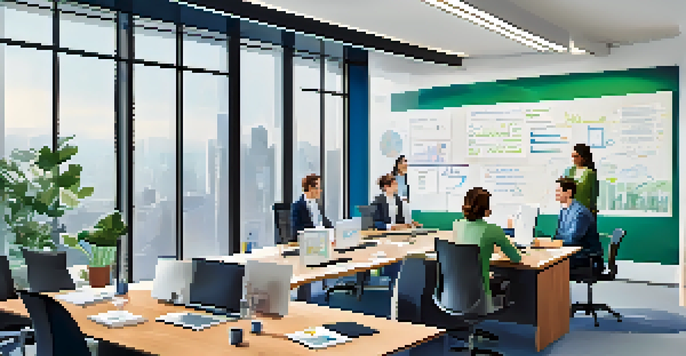A diverse team of professionals working together in a bright office, discussing digital marketing strategies with charts on a whiteboard.