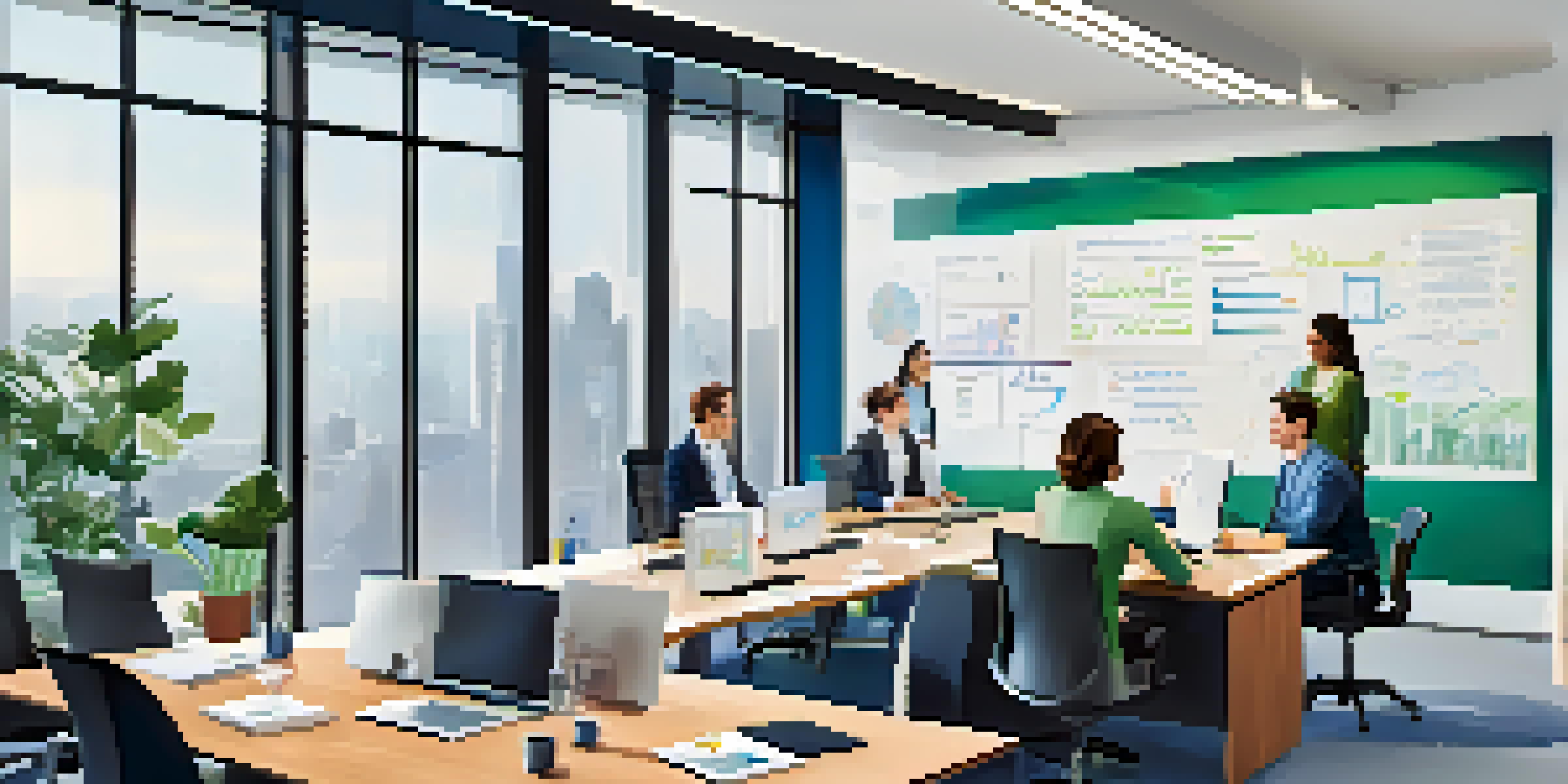 A diverse team of professionals working together in a bright office, discussing digital marketing strategies with charts on a whiteboard.