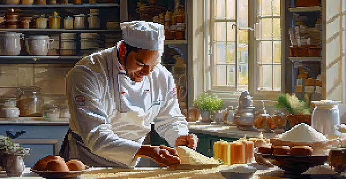 A chef in a cozy bakery kitchen mixing ingredients for a cake with sunlight streaming through the window.