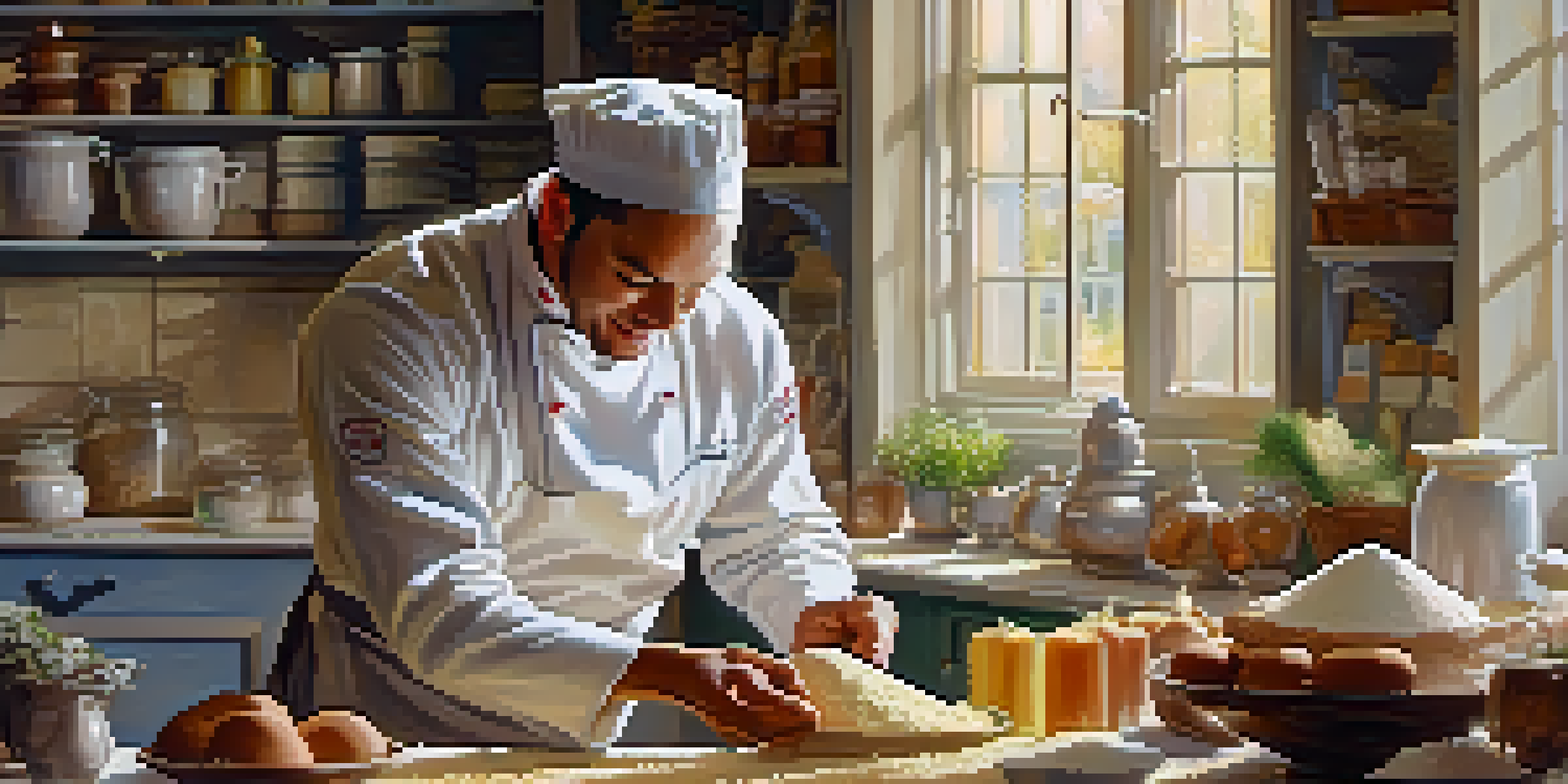 A chef in a cozy bakery kitchen mixing ingredients for a cake with sunlight streaming through the window.