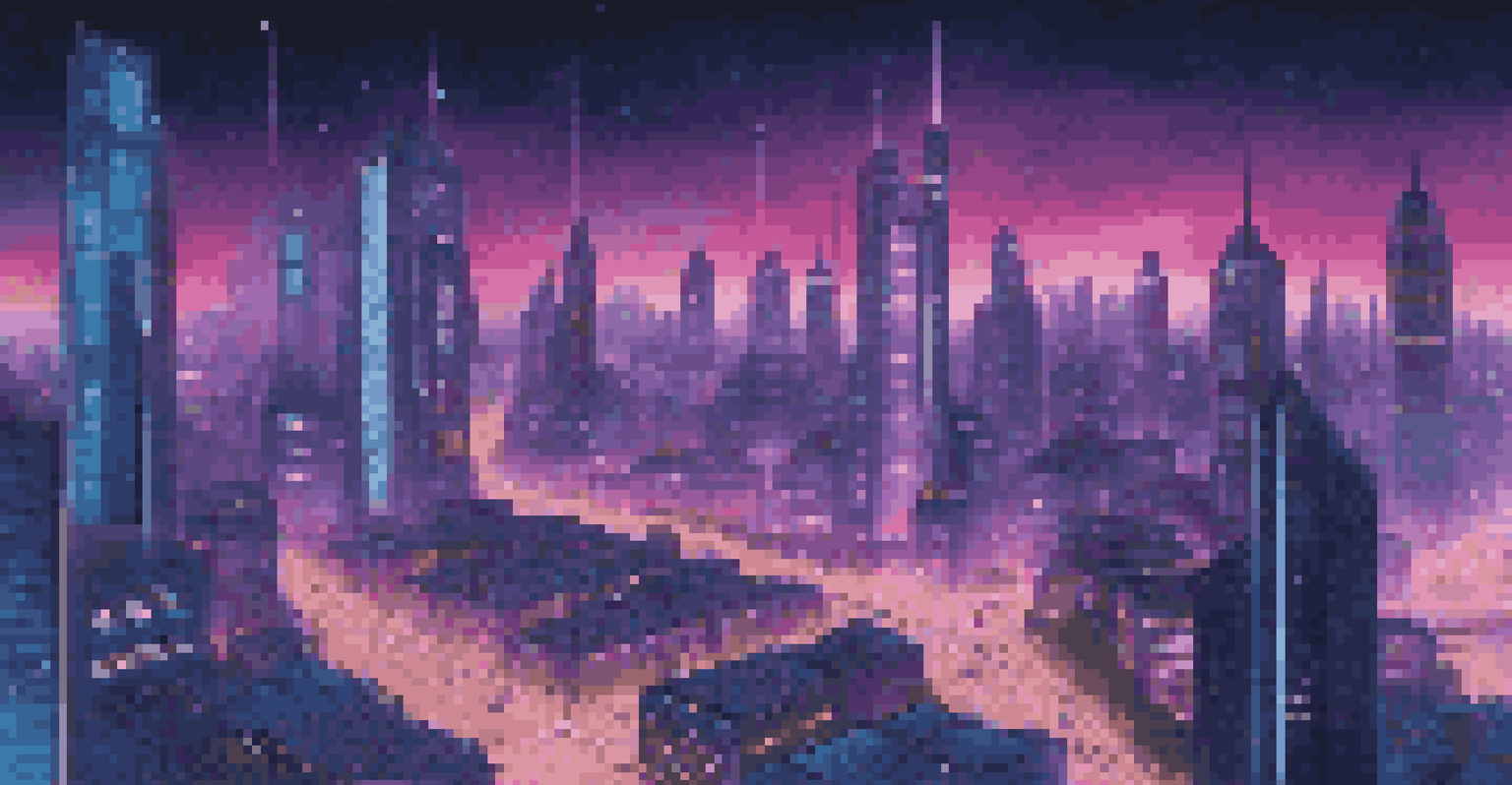 A night view of a futuristic city skyline with illuminated buildings showing blockchain data.
