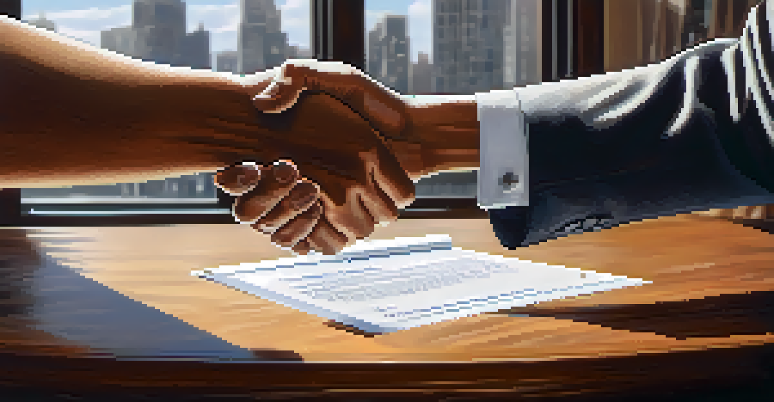 A close-up of two hands shaking over a contract on a wooden table, representing trust and agreement.