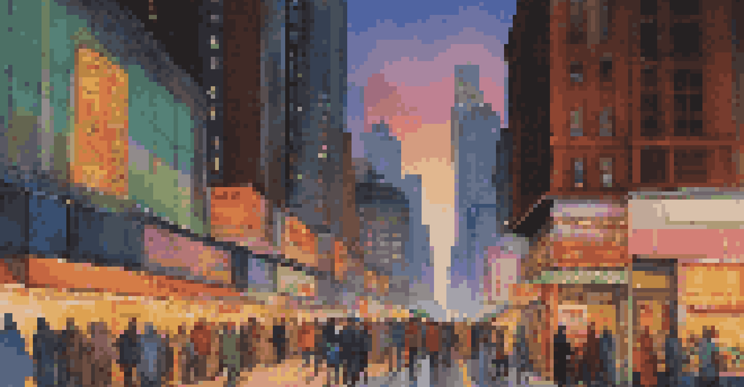 A lively city street at dusk with illuminated skyscrapers, people walking, and vibrant neon signs.