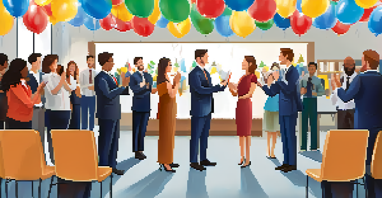 Employees celebrating a colleague at an award ceremony in a bright conference room, highlighting teamwork and recognition.