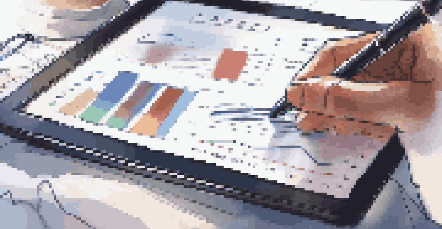 A business professional analyzing data on a tablet with a notepad and pen in a softly lit office.