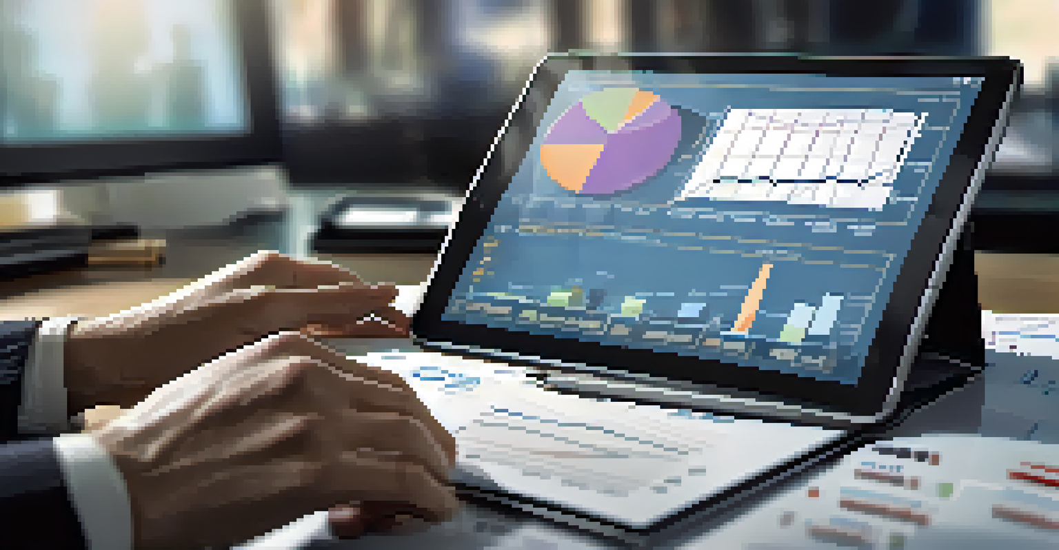 A close-up view of a professional looking at data charts on a tablet, with a blurred office background, conveying productivity.