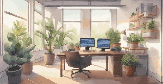 A bright office with a computer screen showing a chatbot interface, surrounded by plants and seating areas.