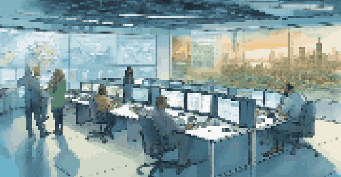 A modern digital command center illustrating supply chain operations with diverse people collaborating around a central table while large screens display real-time data.