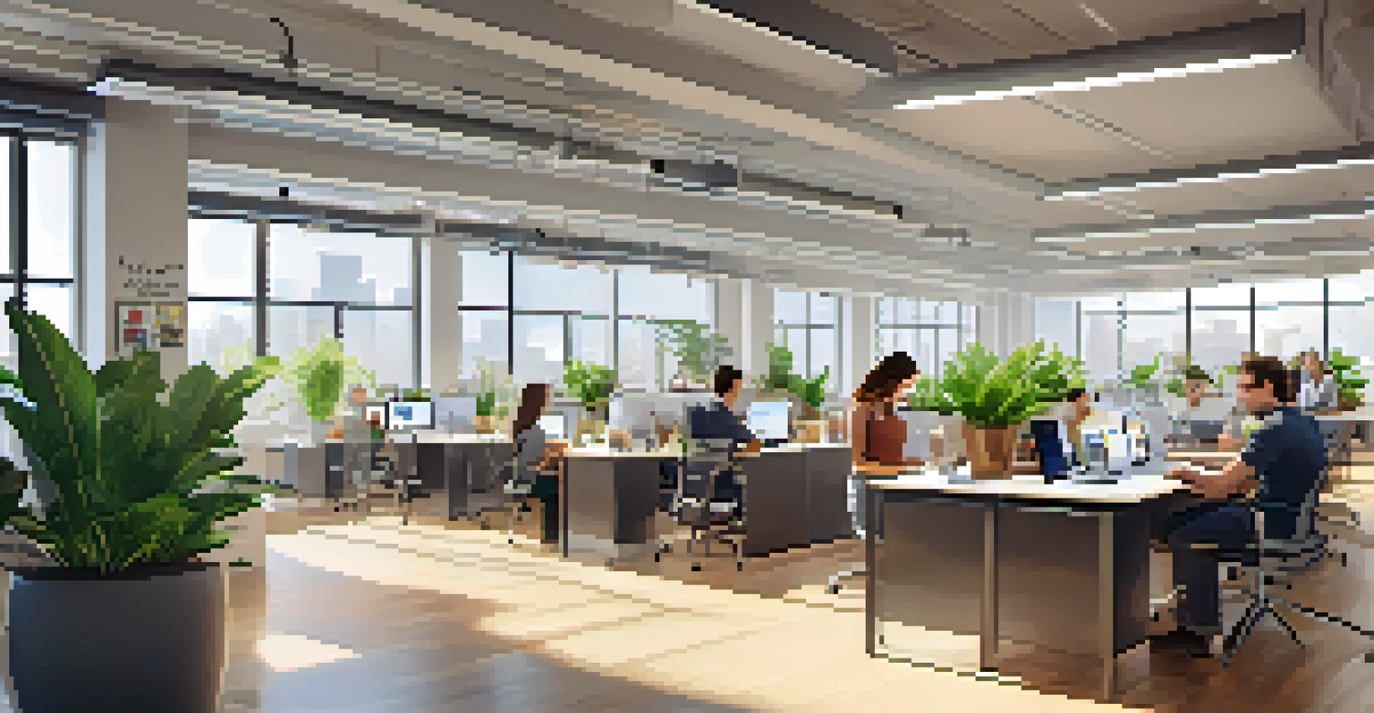 A modern open office with employees engaged in work and discussions, featuring motivational decor and natural light.