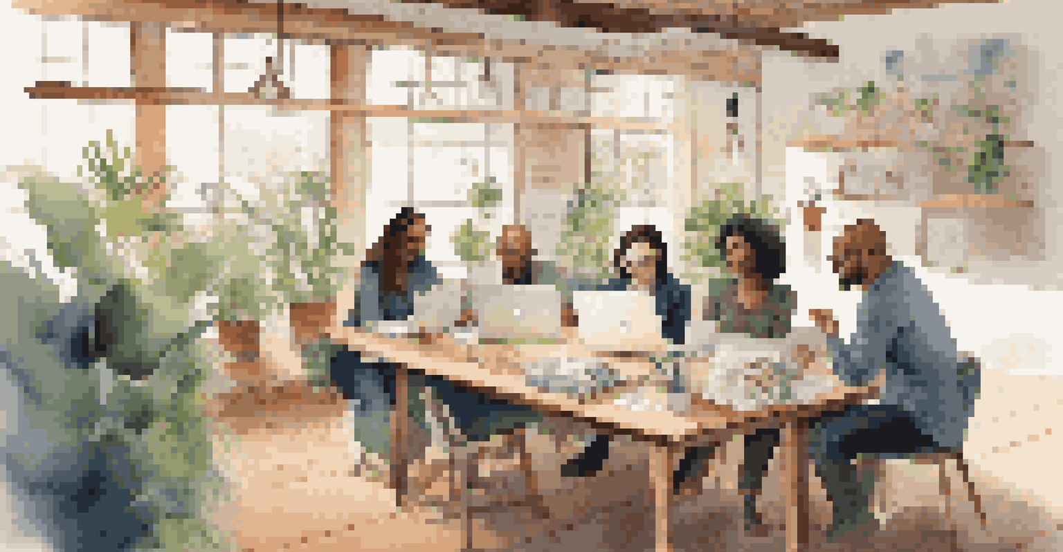 A team of diverse professionals collaborating on ethical marketing strategies in a bright, plant-filled workspace.