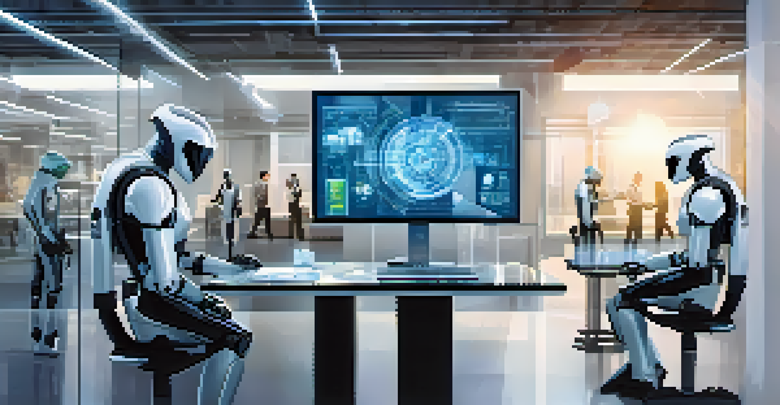 A robot automating tasks alongside a human in a modern office, illustrating the future of product development.
