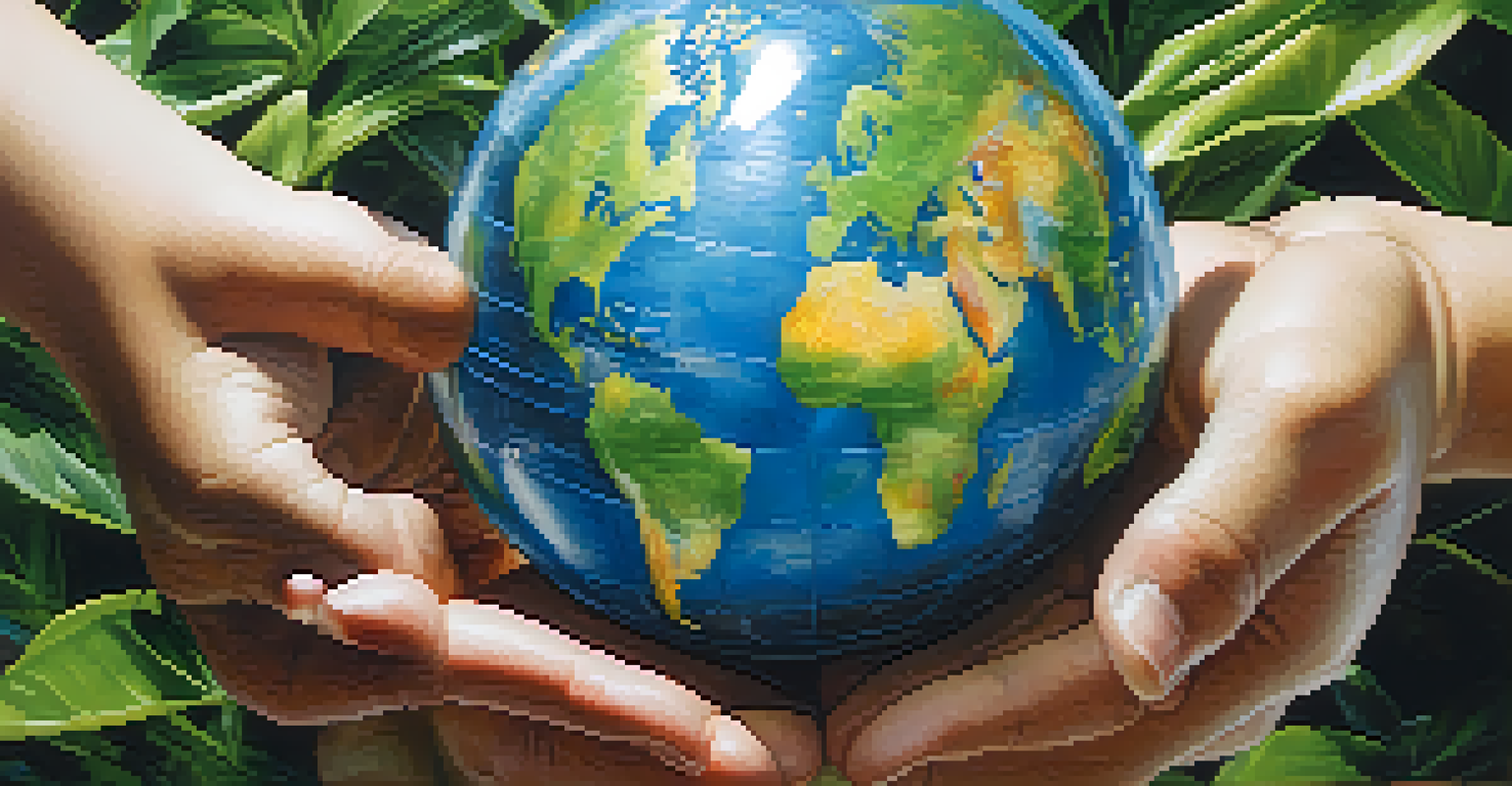 Hands holding a globe made of recycled materials, symbolizing global sustainability.