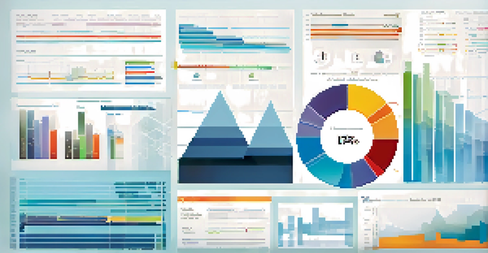 An infographic displaying different data visualization techniques such as bar charts, pie charts, and line graphs, with a blue-to-white gradient background.
