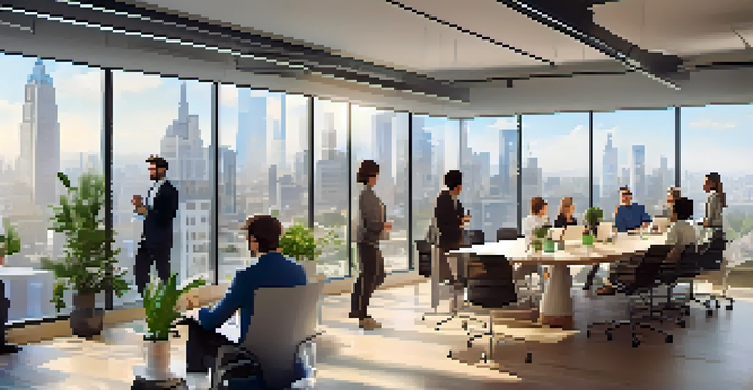 A diverse group of entrepreneurs in a modern office discussing startup ideas, with a city skyline visible through the large window.