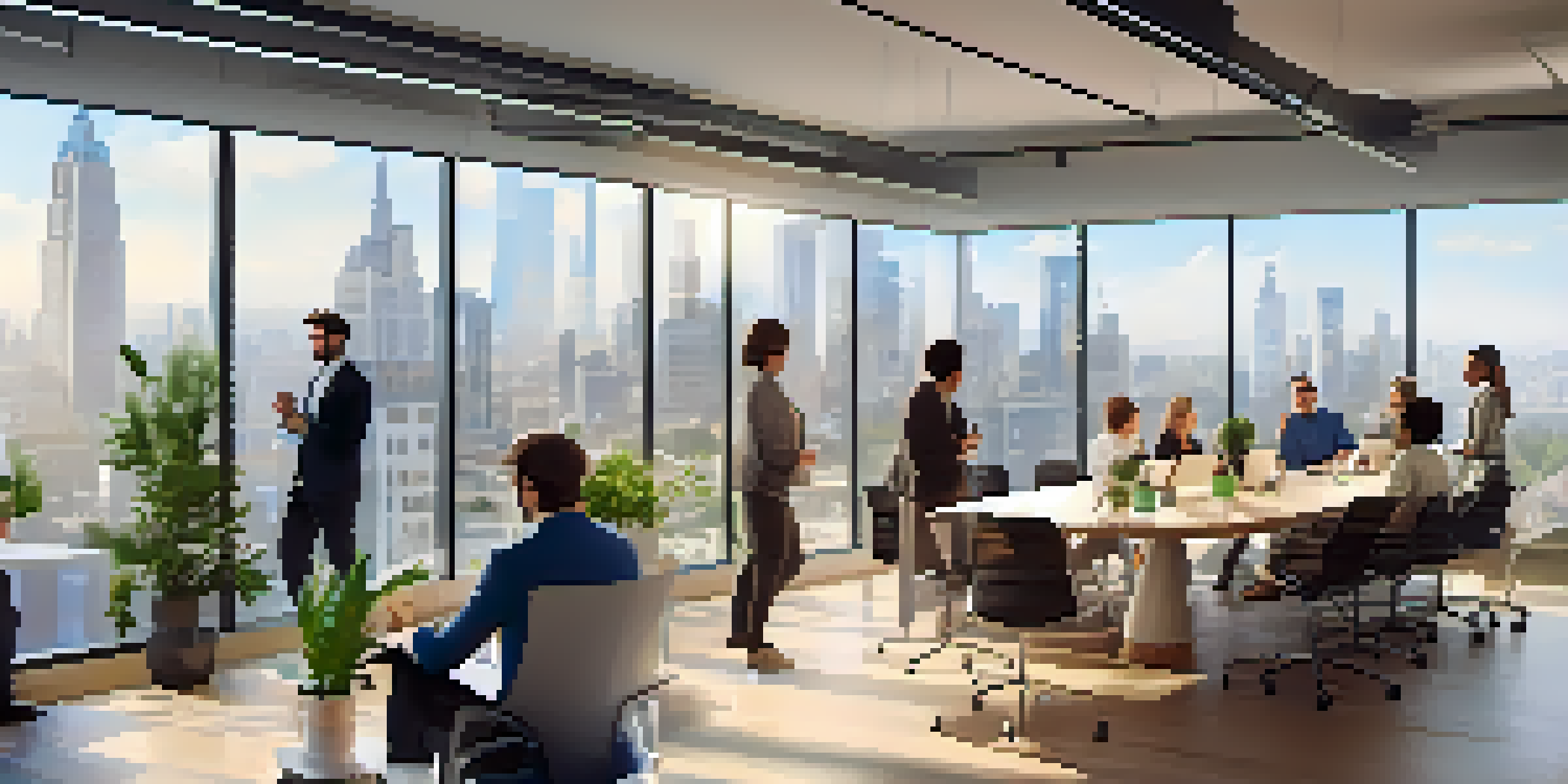A diverse group of entrepreneurs in a modern office discussing startup ideas, with a city skyline visible through the large window.
