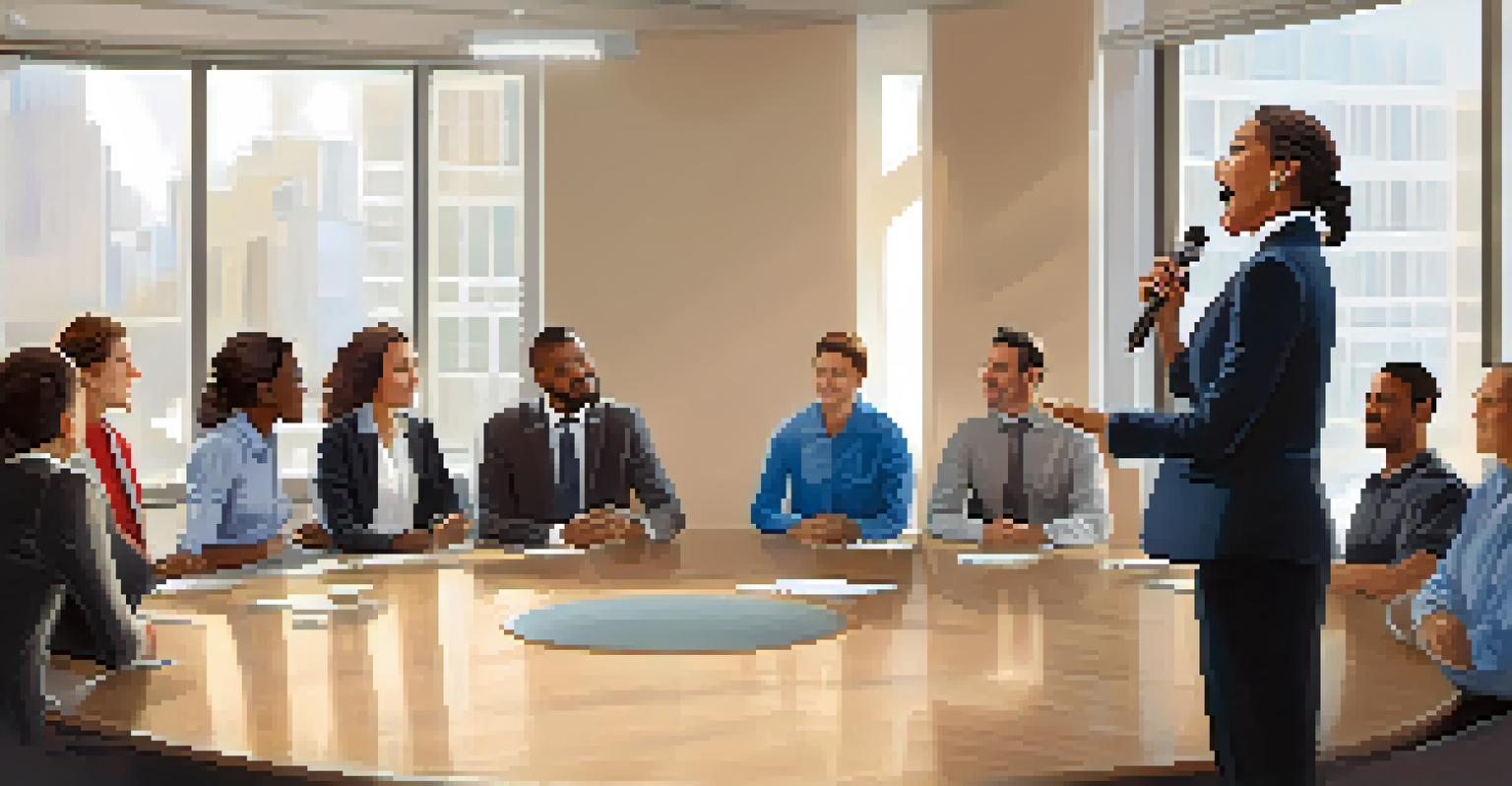 A confident female leader giving a motivational speech to her attentive team in a bright conference room.