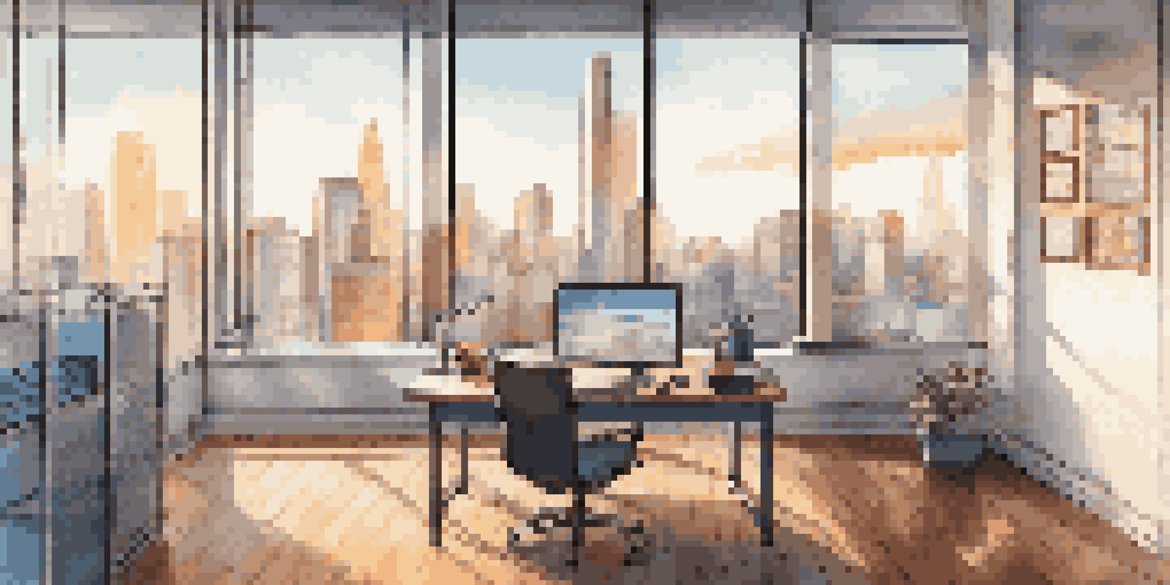 A bright modern office with a view of the city, featuring a desk with analytics reports and a laptop displaying graphs.