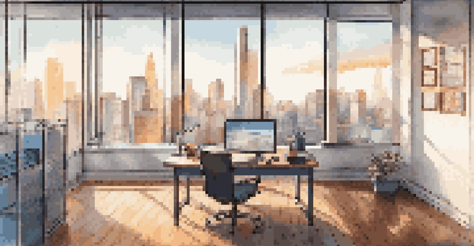 A bright modern office with a view of the city, featuring a desk with analytics reports and a laptop displaying graphs.