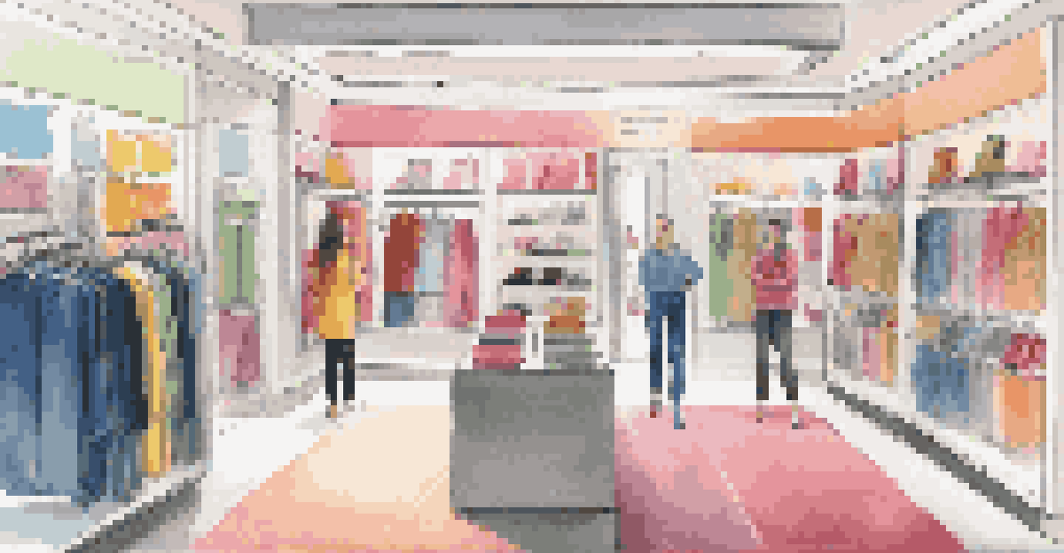 A colorful retail store with organized clothing displays, a customer being assisted, and bright lighting.