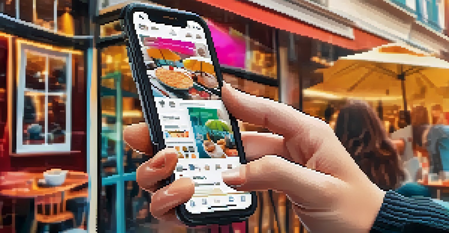 A smartphone showing an Instagram feed with product images and social interactions, set in a stylish café environment.