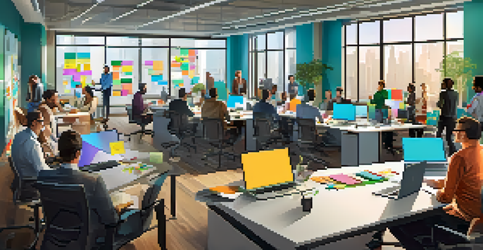 A diverse group of startup founders working together in a modern office, surrounded by laptops, charts, and bright decor.