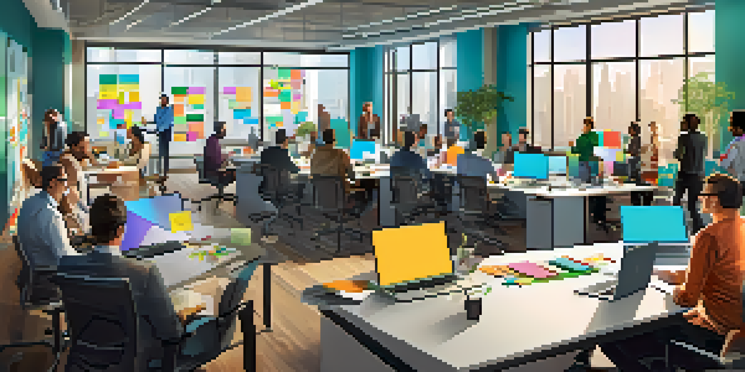 A diverse group of startup founders working together in a modern office, surrounded by laptops, charts, and bright decor.