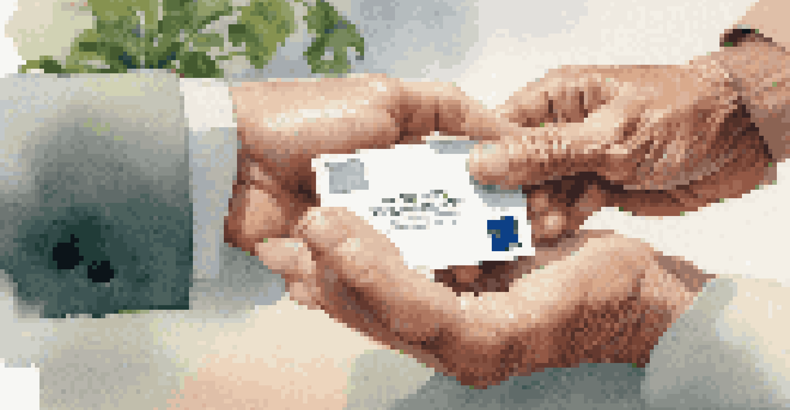 Close-up of an older and a younger person's hands exchanging a business card in a modern office setting.