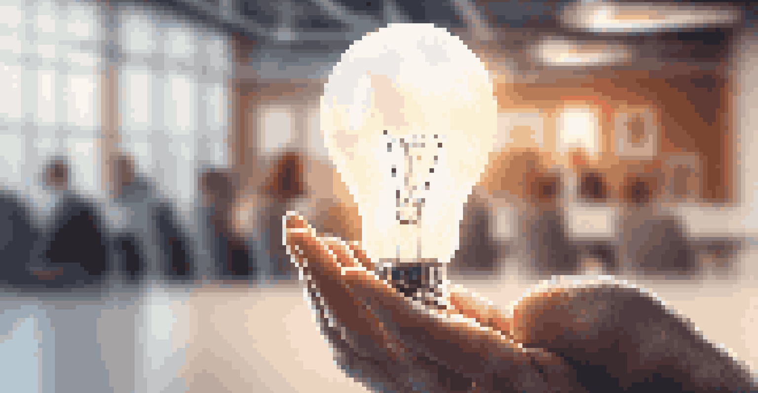 A hand holding a glowing light bulb against a blurred office background representing innovation.