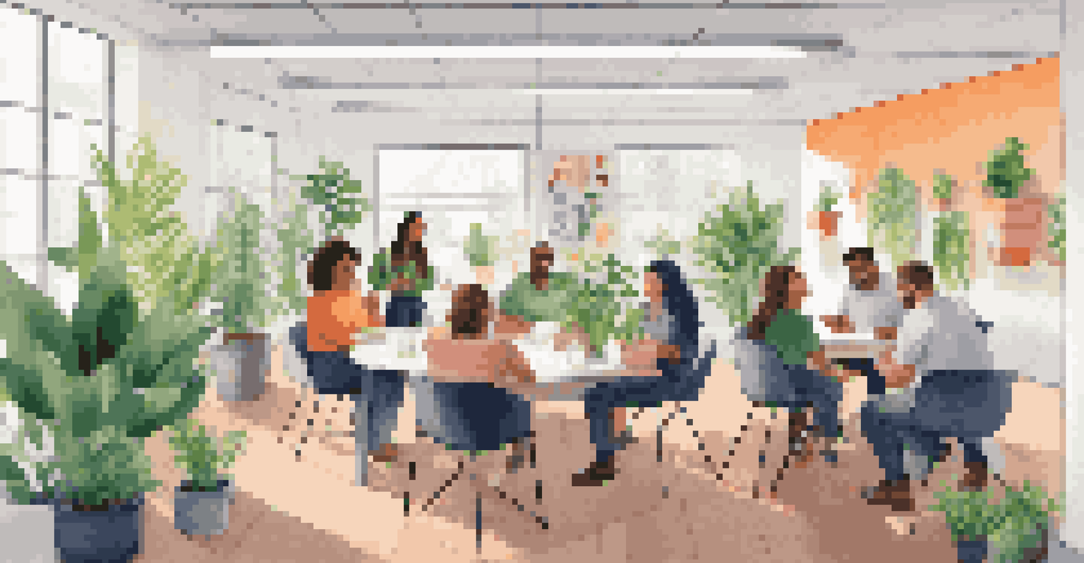 A vibrant office space where team members are smiling and sharing ideas, with a poster that says 'Embrace Diversity' on the wall and greenery around.