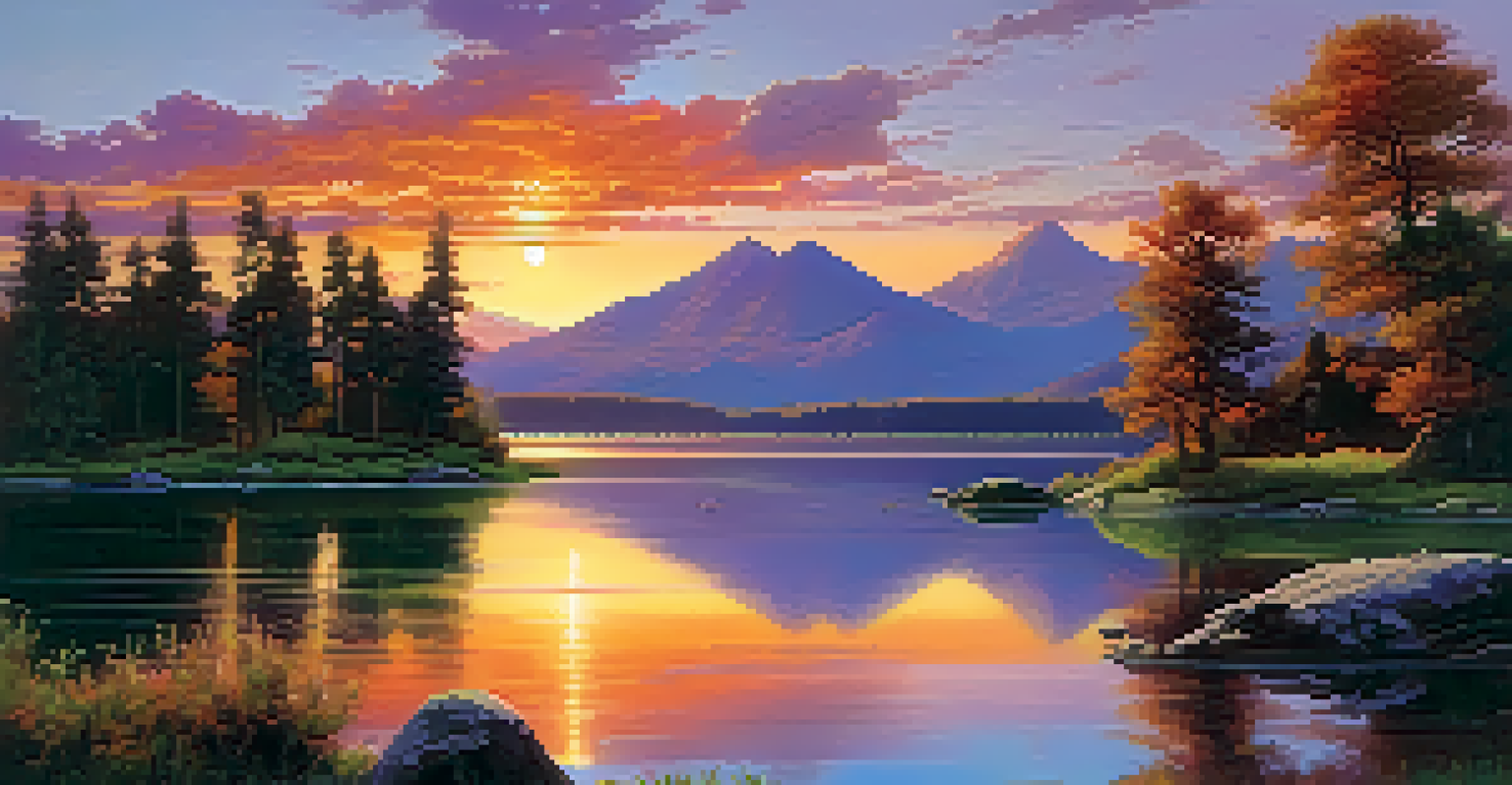 A peaceful lake scene at sunset with mountains and lush trees.