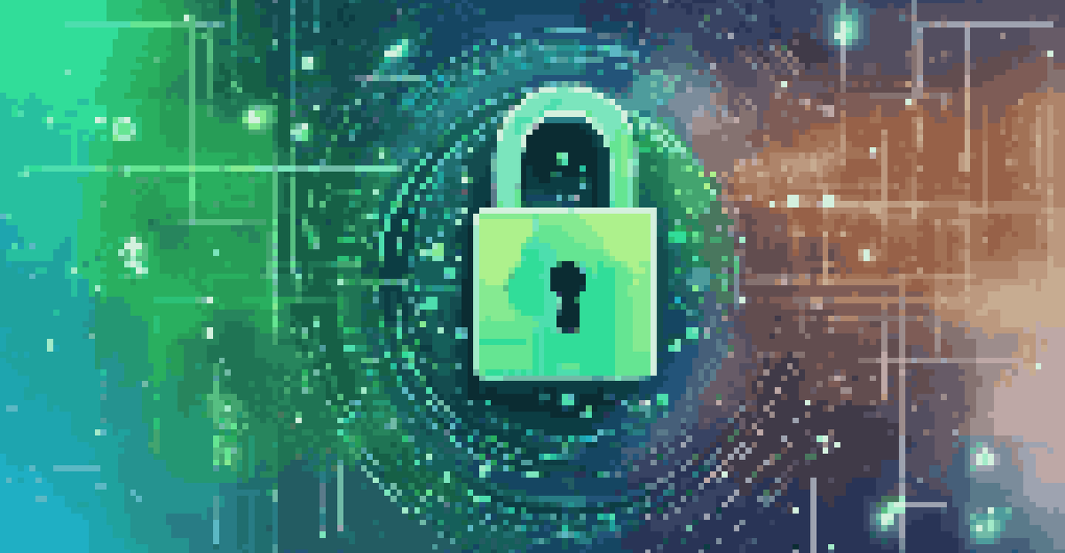 An abstract image of a digital lock with binary code and cloud icons in a blue and green gradient background, representing data privacy.