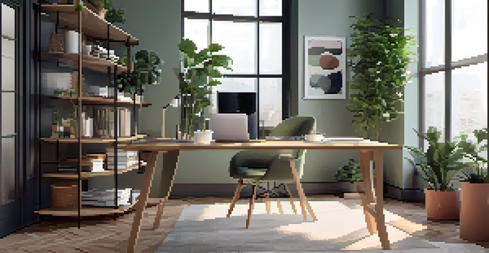 A bright modern home office with a wooden desk, laptop, and potted plants, featuring a cozy and inviting atmosphere.