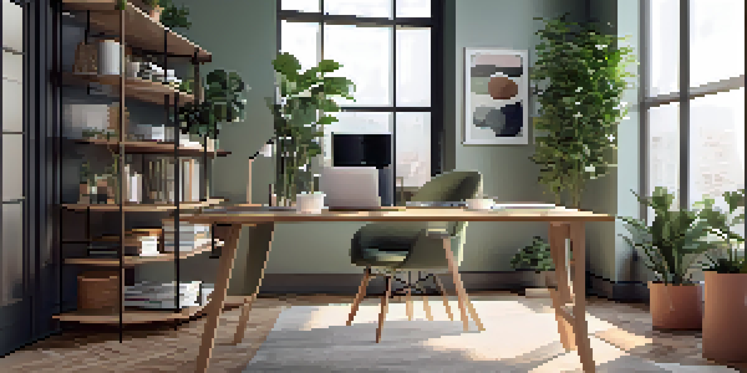 A bright modern home office with a wooden desk, laptop, and potted plants, featuring a cozy and inviting atmosphere.
