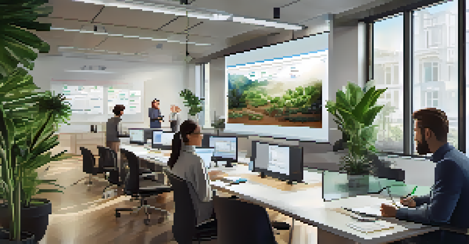 A team collaborating in a modern office around a large screen displaying a project management tool, engaged in discussion.