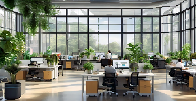 A bright and spacious modern office with employees collaborating and working at their desks, surrounded by plants and natural light.