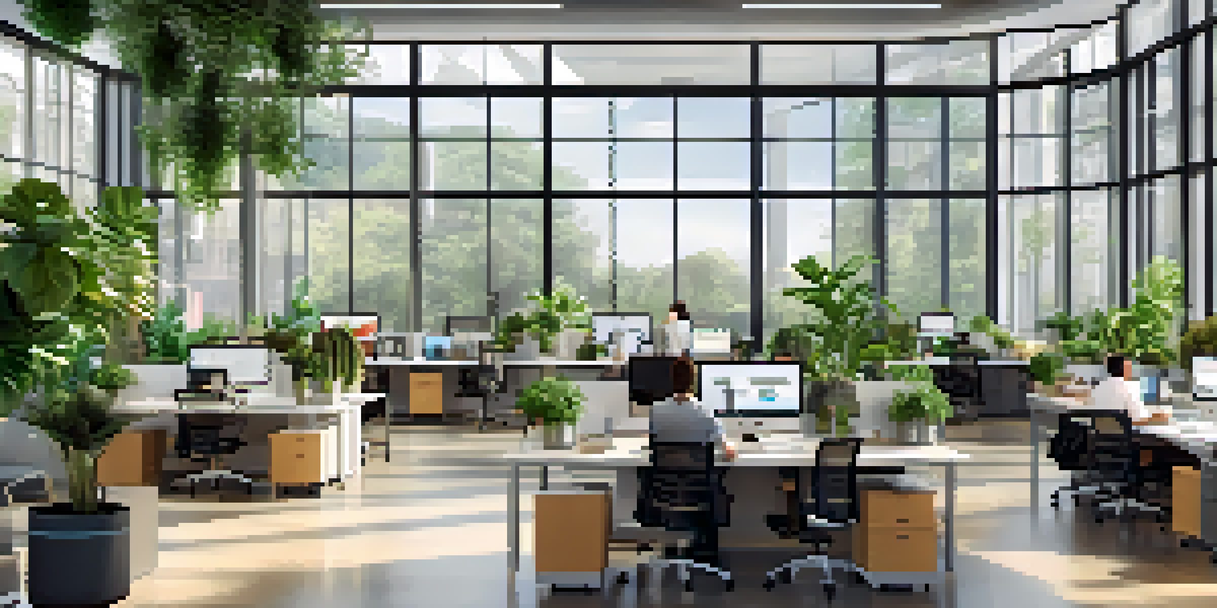 A bright and spacious modern office with employees collaborating and working at their desks, surrounded by plants and natural light.