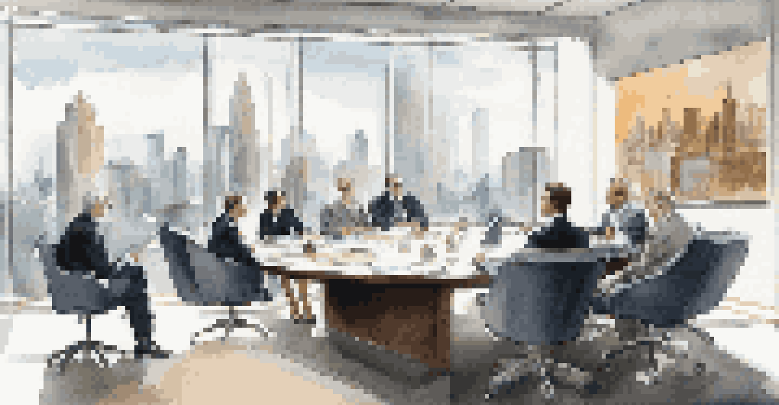 A sophisticated office setting where professionals are engaged in a strategic meeting, analyzing financial reports and discussing plans.