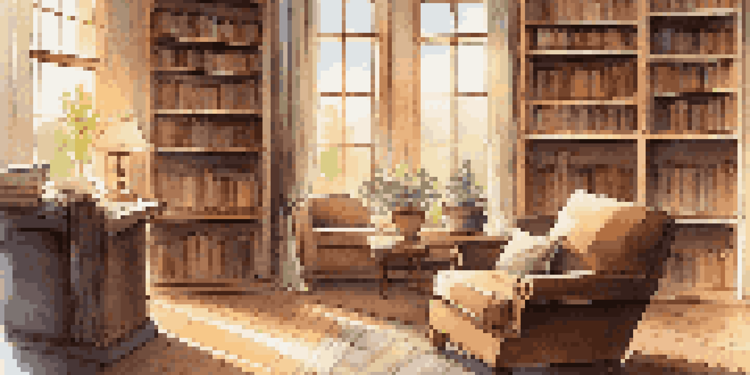 A cozy library with wooden shelves, a reading nook, and soft sunlight filtering through windows.