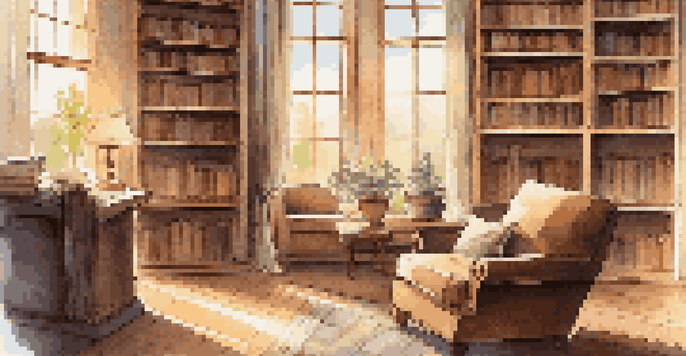 A cozy library with wooden shelves, a reading nook, and soft sunlight filtering through windows.