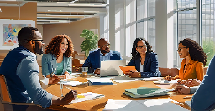 A diverse group of professionals discussing around a conference table in a bright office.