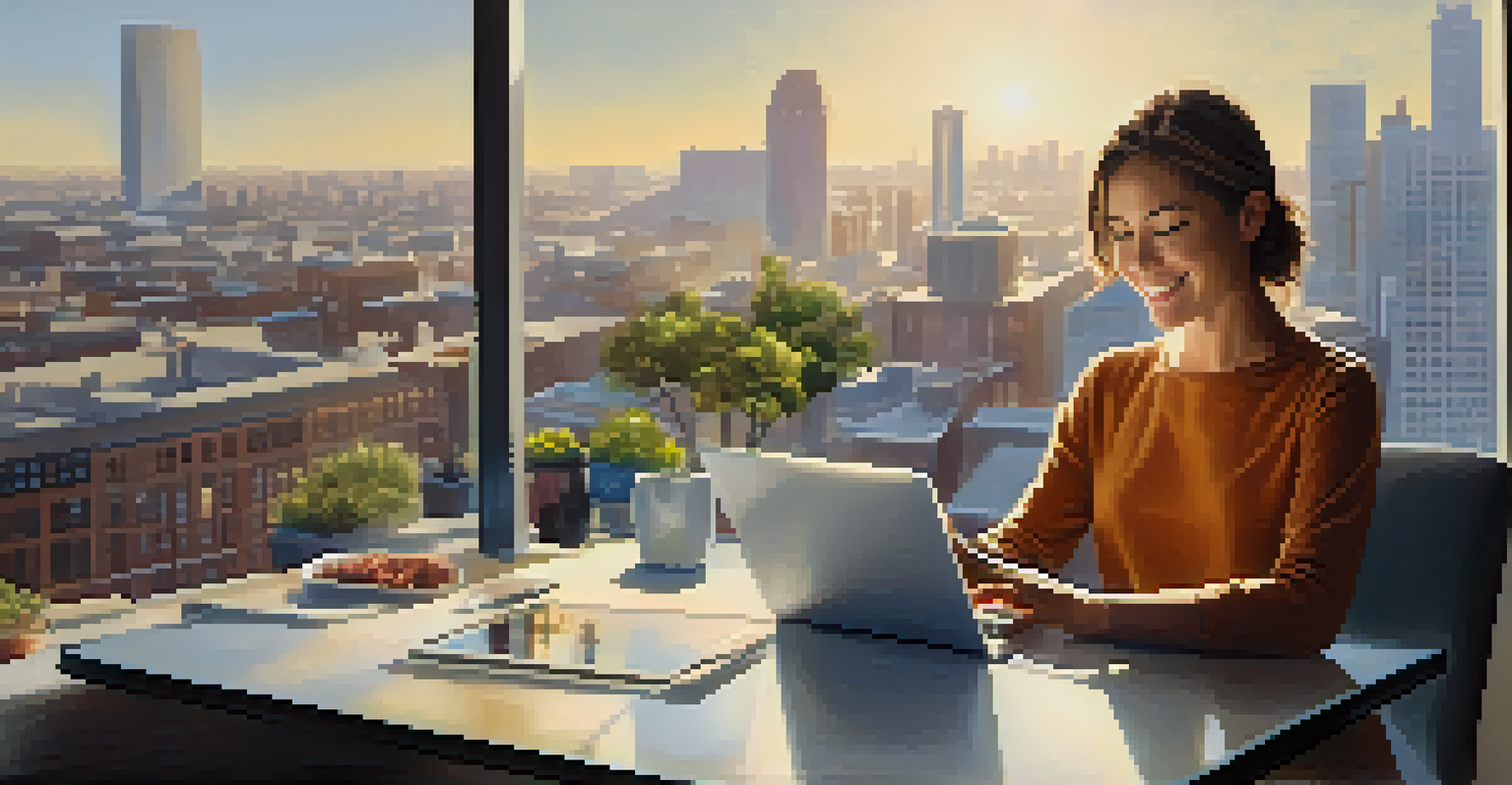 A professional engaging with social media on a tablet at a desk with a cityscape view, illustrating personal interaction in lead nurturing.