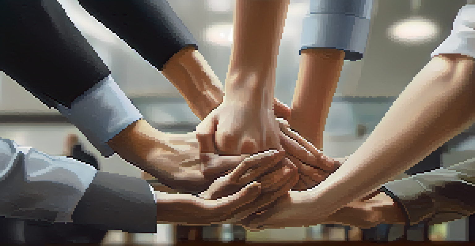 Close-up of hands reaching out to symbolize support and collaboration, set against a blurred office background.