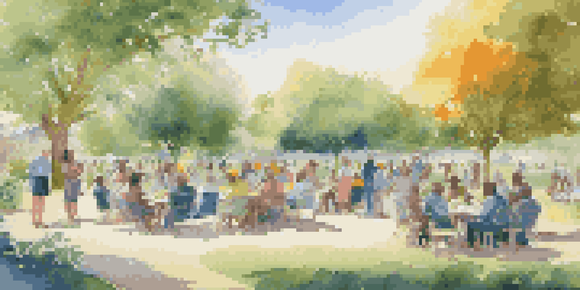 A community gathering in a park, discussing sustainable investments, surrounded by greenery and flowers.