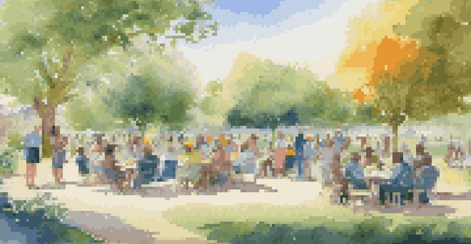 A community gathering in a park, discussing sustainable investments, surrounded by greenery and flowers.