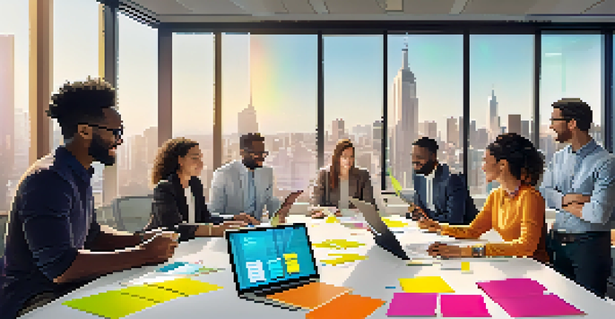 A diverse group of professionals collaborating in a bright conference room, surrounded by sticky notes and digital devices, with a view of a city outside.
