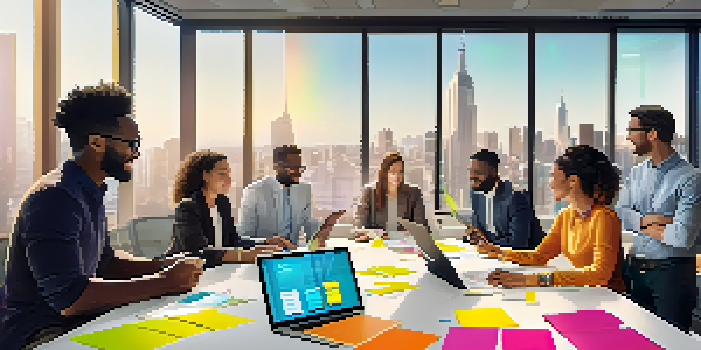 A diverse group of professionals collaborating in a bright conference room, surrounded by sticky notes and digital devices, with a view of a city outside.