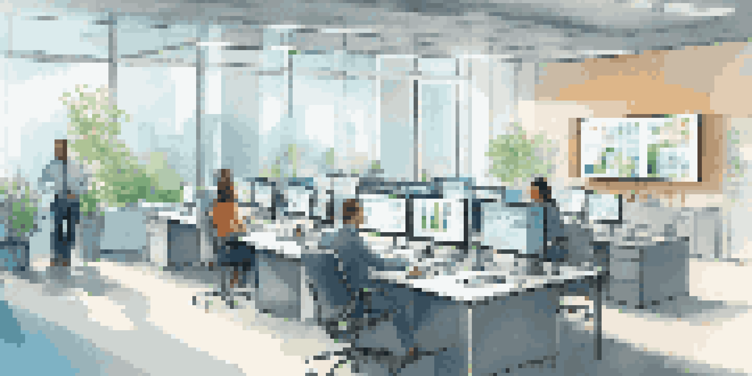 A modern office with a digital dashboard showing real-time analytics and diverse employees collaborating.