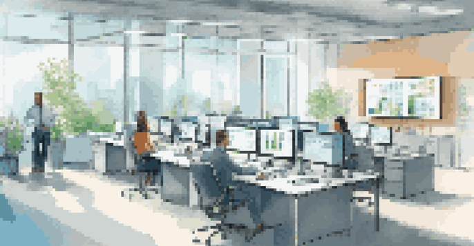 A modern office with a digital dashboard showing real-time analytics and diverse employees collaborating.